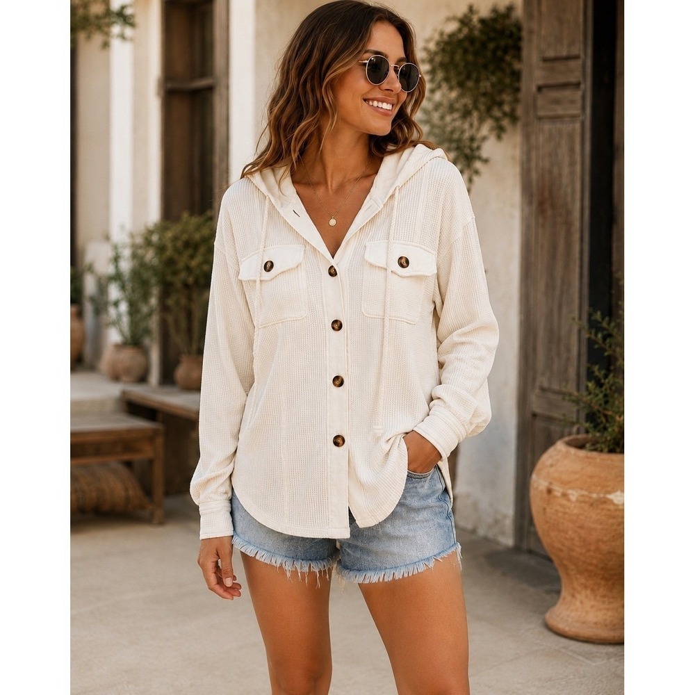 American Eagle Waffle Knit Hooded Shacket Cream Button Front Women's S NWOT